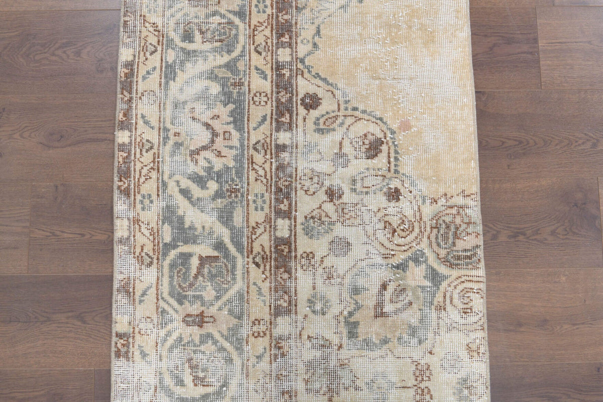 Oryantal desenli el dokuma vintage yolluk – bej ve turuncu tonlarda yün dokuma