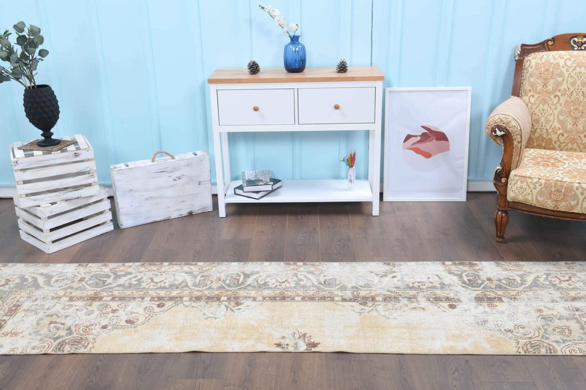 Vintage yolluk 77x336 cm – bej ve turuncu oryantal desenli, el dokuma