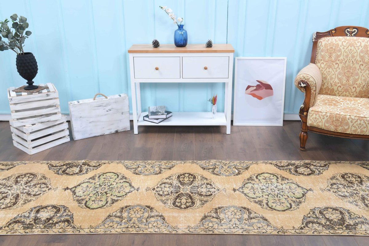 Vintage yolluk 97x343 cm – turuncu, bej ve kahverengi oryantal desenli, el dokuma