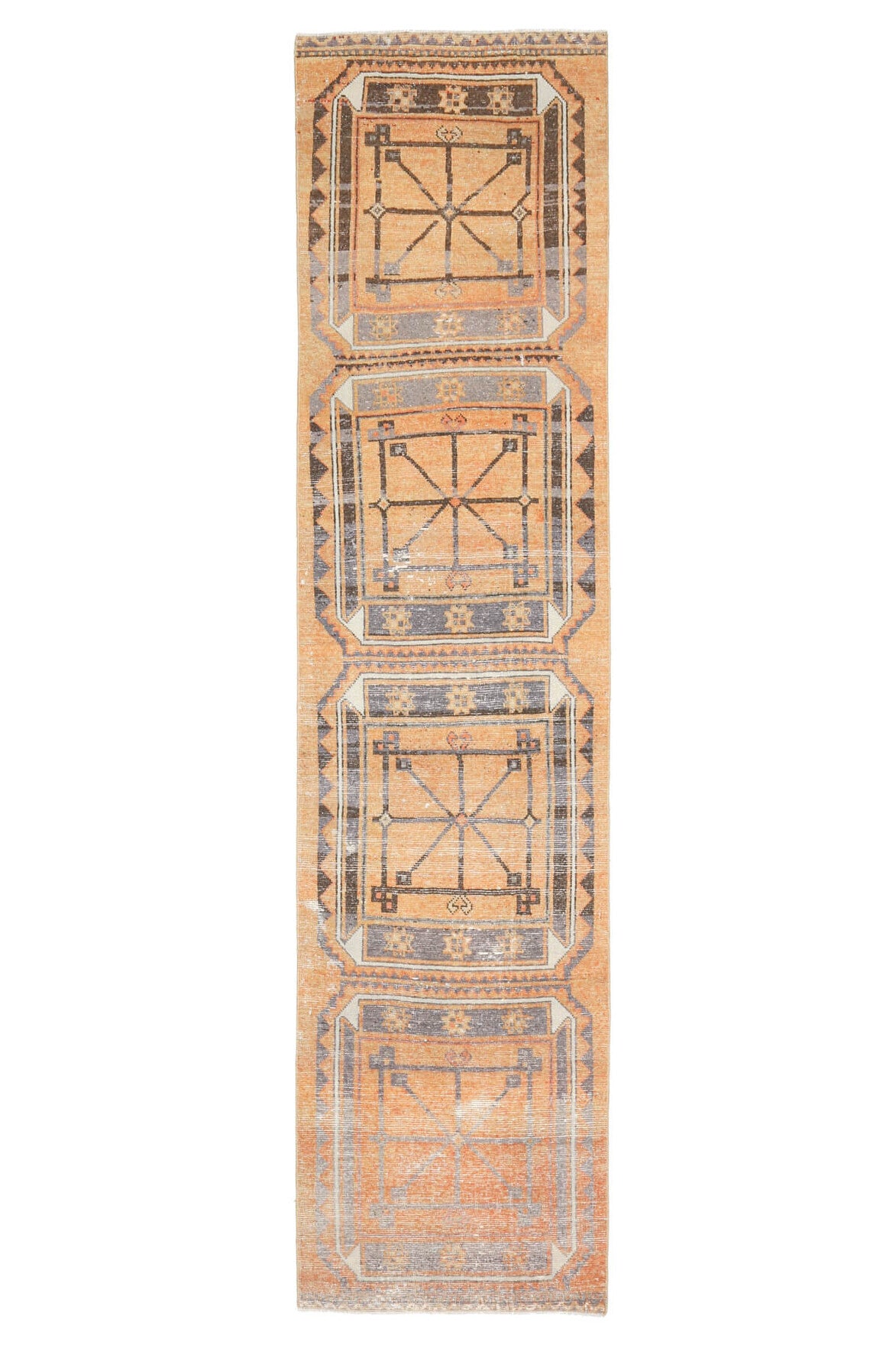 83x347 cm turuncu oryantal desenli el dokuma vintage yolluk – üstten tam görünüm