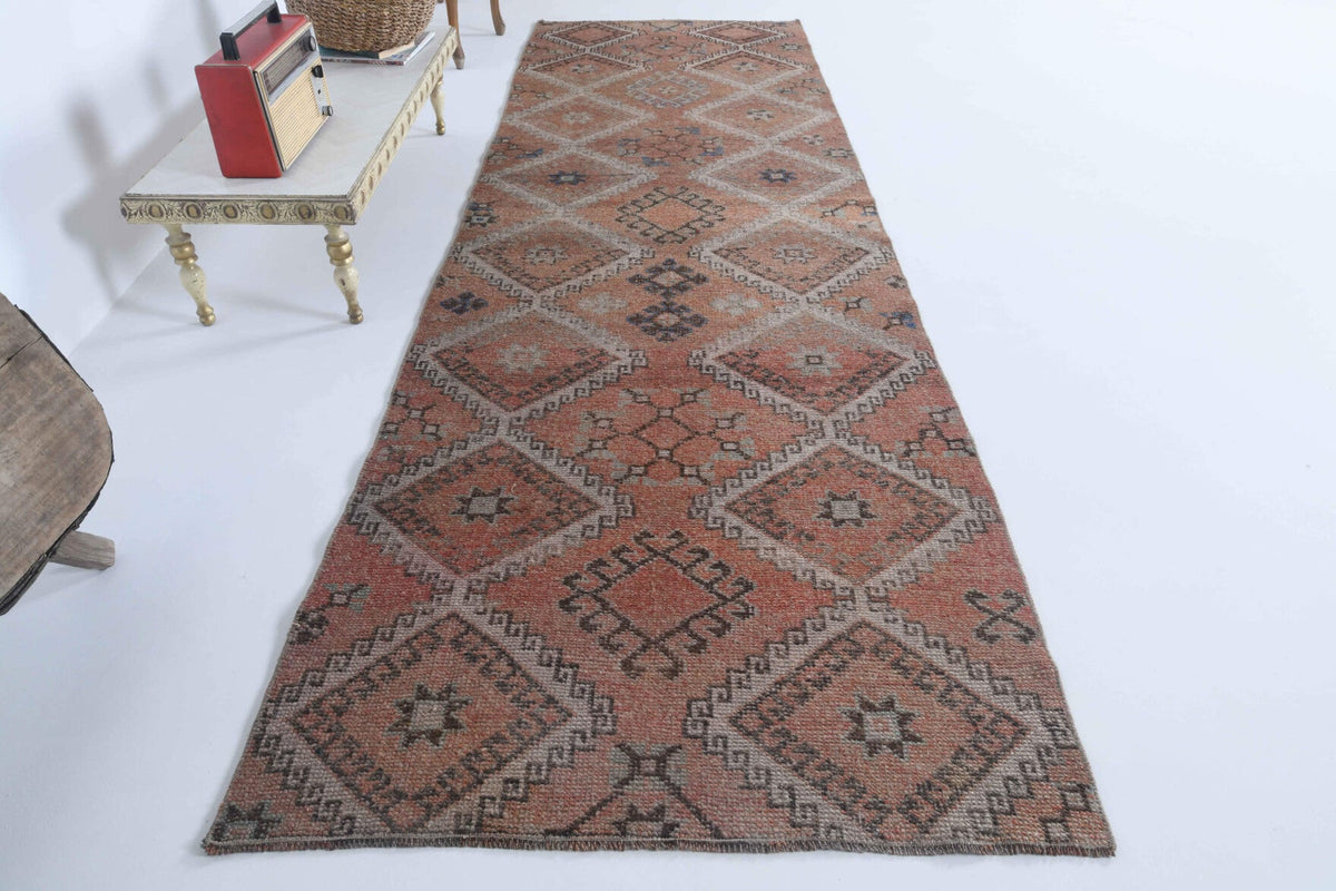 El yapımı vintage yolluk 102x320 cm i̇kat desenli yün - detay görünümü