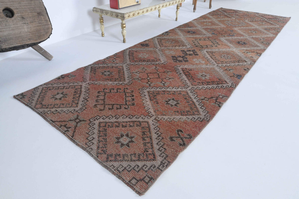 El yapımı vintage yolluk 102x320 cm i̇kat desenli yün - yakın çekim doku detayı