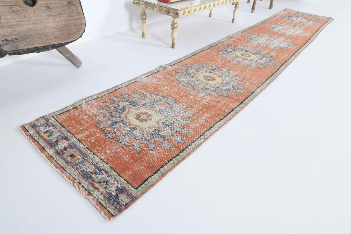 El yapımı vintage yolluk 61x330 cm oryantal desenli yün - yakın çekim doku detayı