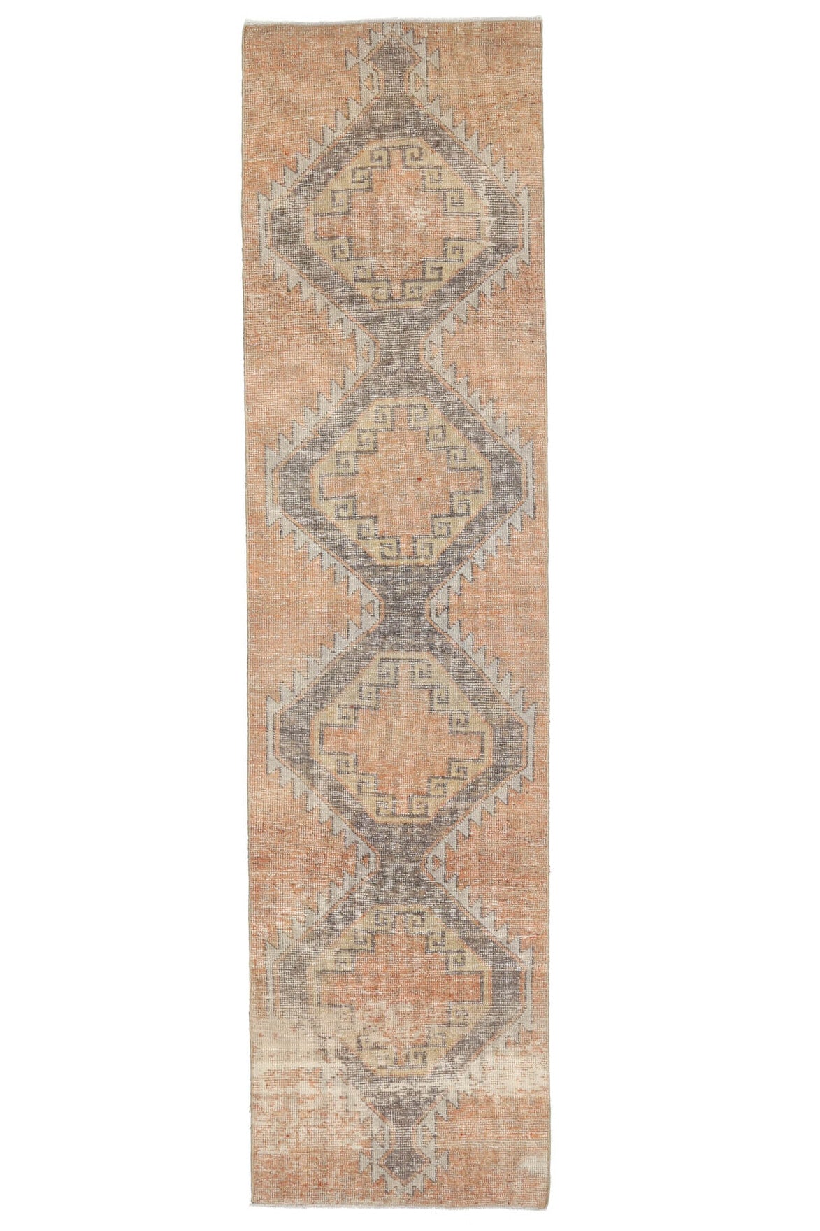 81x321 cm turuncu geometrik desenli el dokuma vintage yolluk – üstten tam görünüm