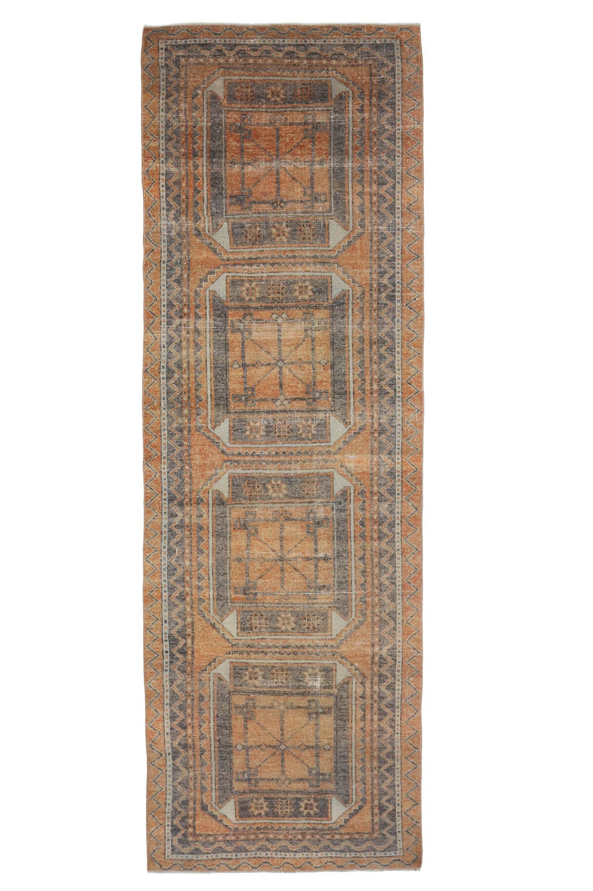 111x351 cm turuncu ve kahverengi tribal desenli el dokuma vintage yolluk – üstten tam görünüm