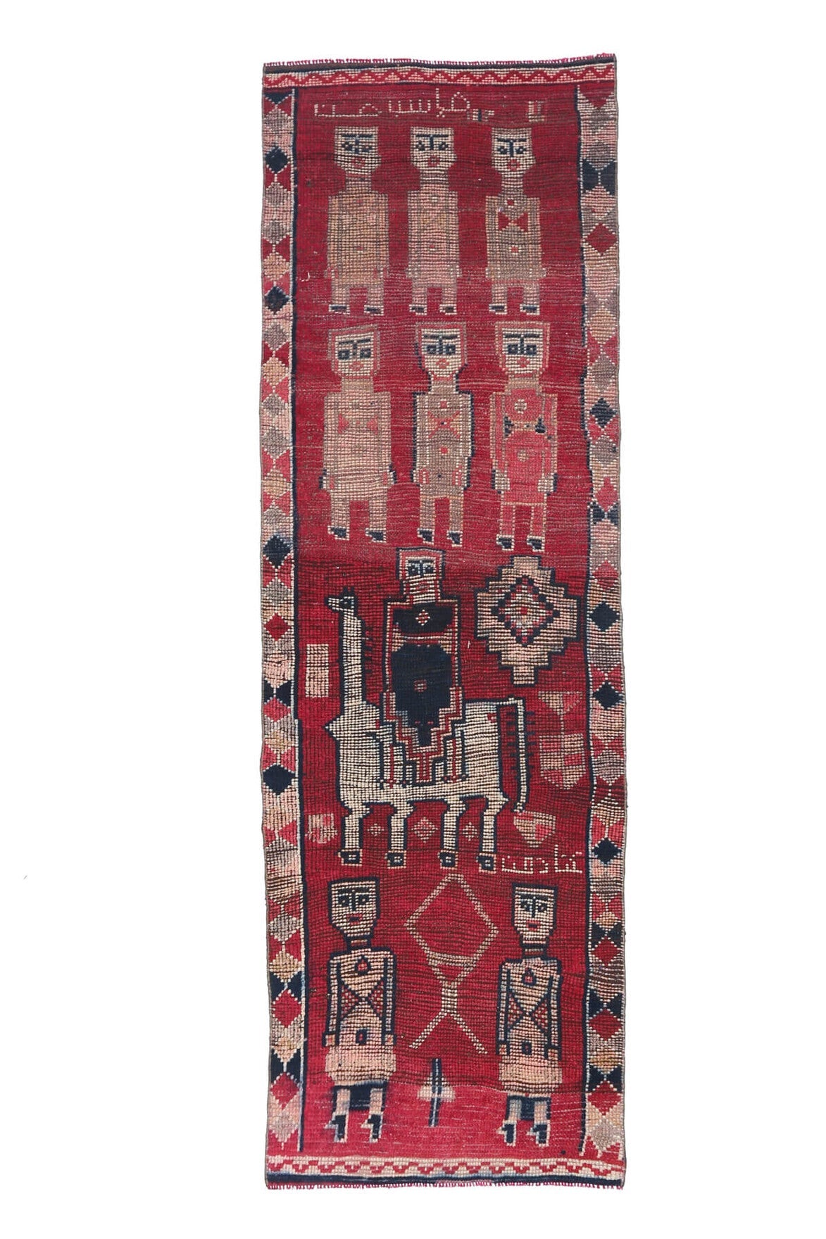 El yapımı vintage yolluk 91x287 cm i̇nsan figürlü desenli yün