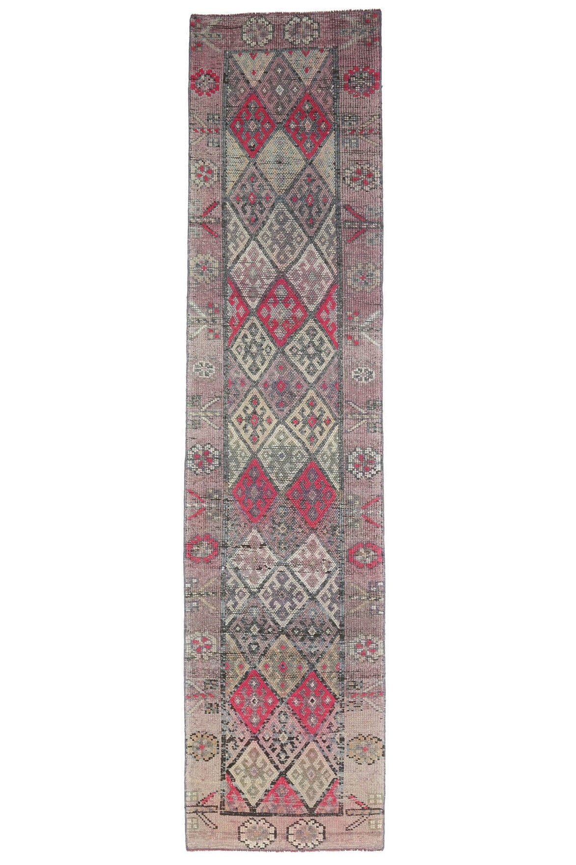 80x348 cm kırmızı, gri ve kahverengi ikat desenli el dokuma vintage yolluk – üstten tam görünüm