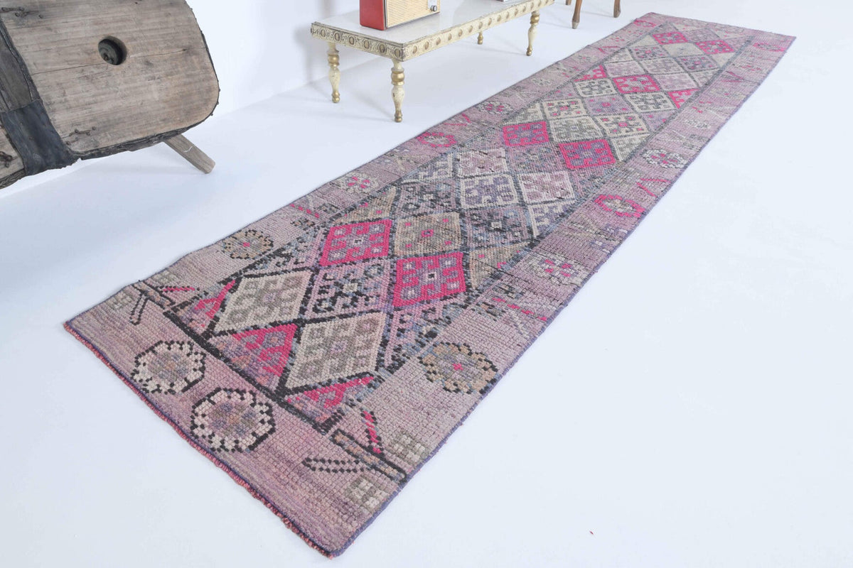 El yapımı vintage yolluk 79x348 cm i̇kat desenli yün - yakın çekim doku detayı