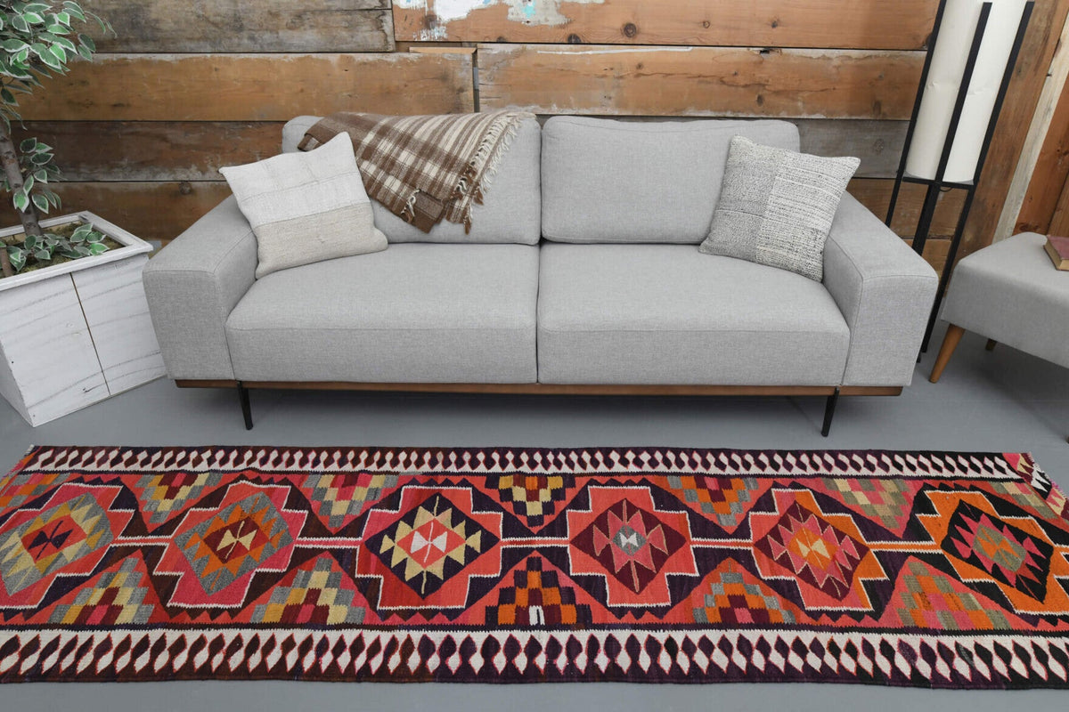 El yapımı vintage yolluk 81x295 cm i̇kat desenli yün - yakın çekim doku detayı