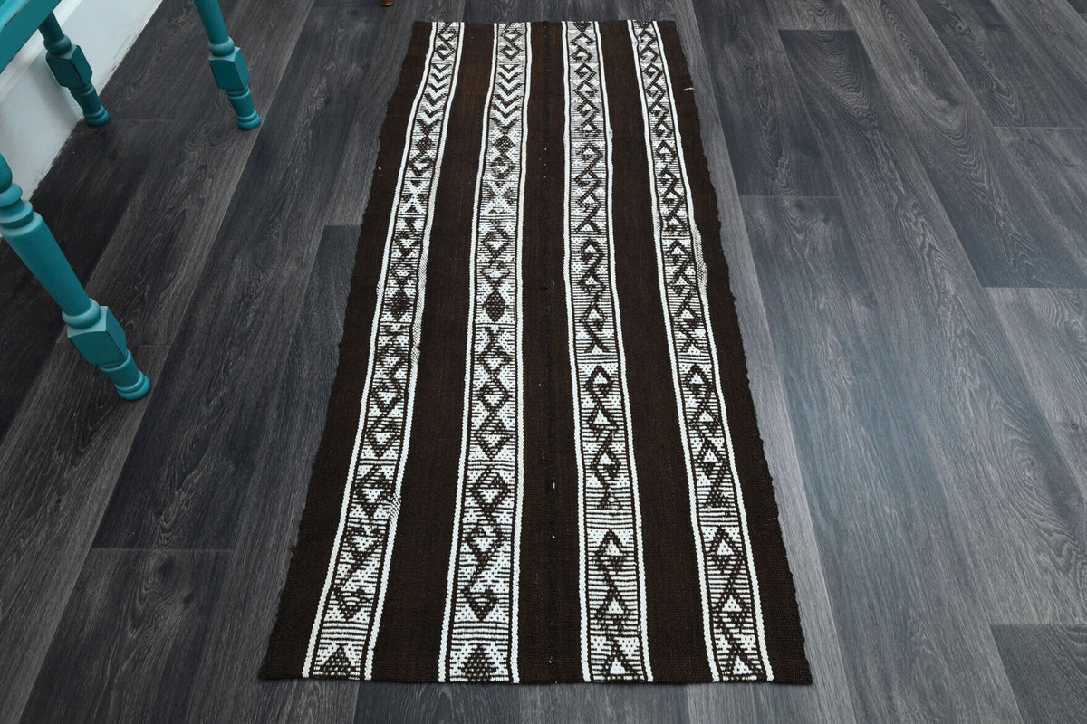 El yapımı vintage halı 66x157 cm çizgili desenli yün - detay görünümü