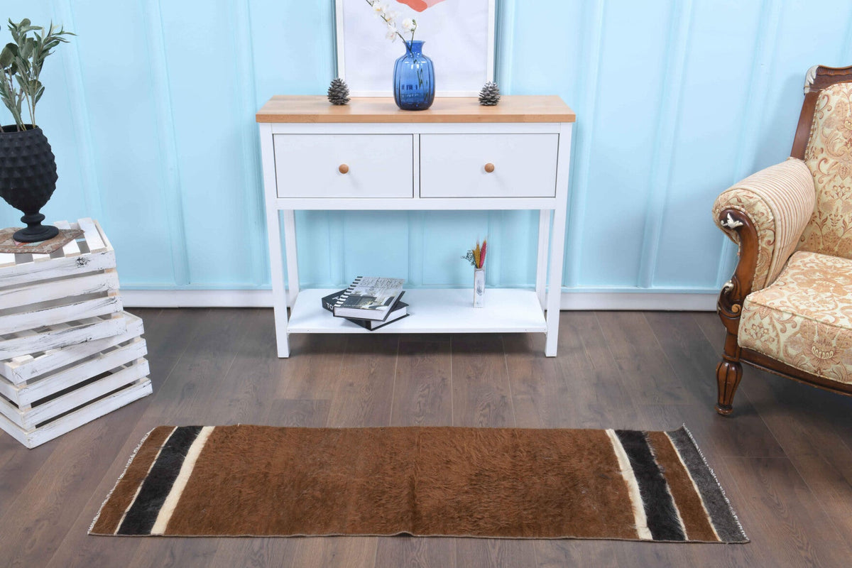 El yapımı vintage yolluk 48x163 cm kilim desenli yün - detay görünümü
