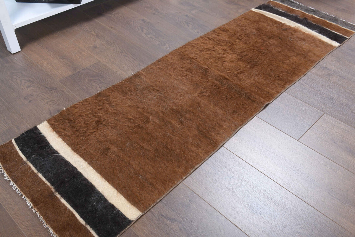 El yapımı vintage yolluk 48x163 cm kilim desenli yün - kenar ve saçak detayı