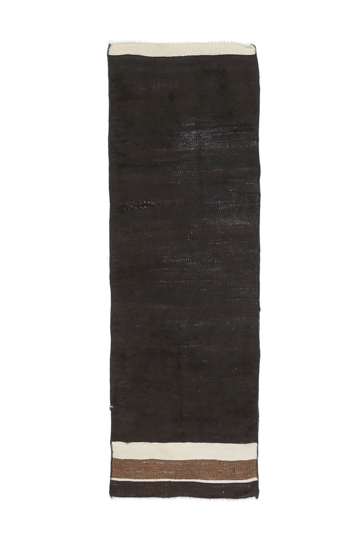 45x141 cm siyah ve kahverengi düz zeminli vintage kilim yolluk – üstten tam görünüm