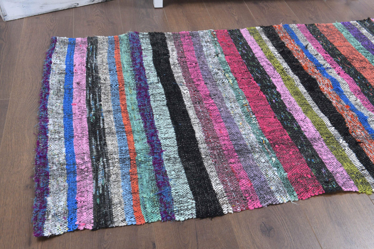 El yapımı vintage yolluk 86x170 cm çizgili desenli yün - yakın çekim doku detayı