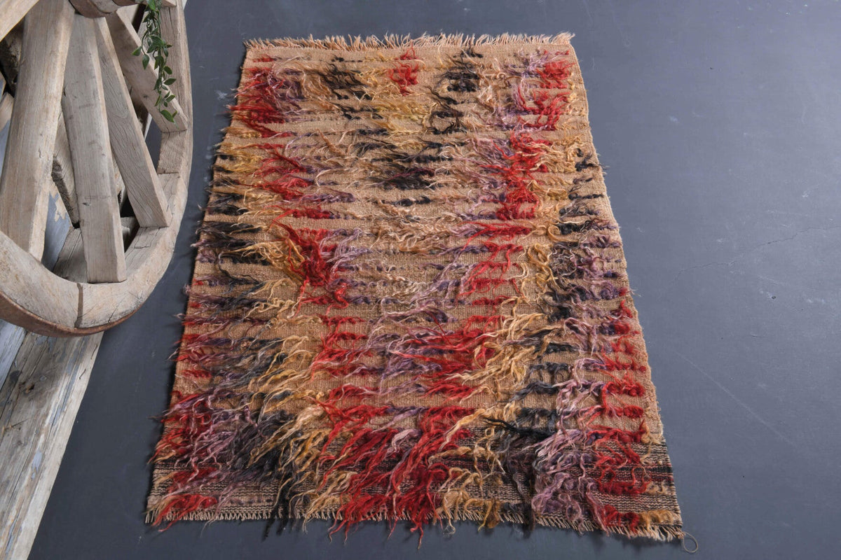 El yapımı vintage halı 81x132 cm çizgili desenli yün - detay görünümü