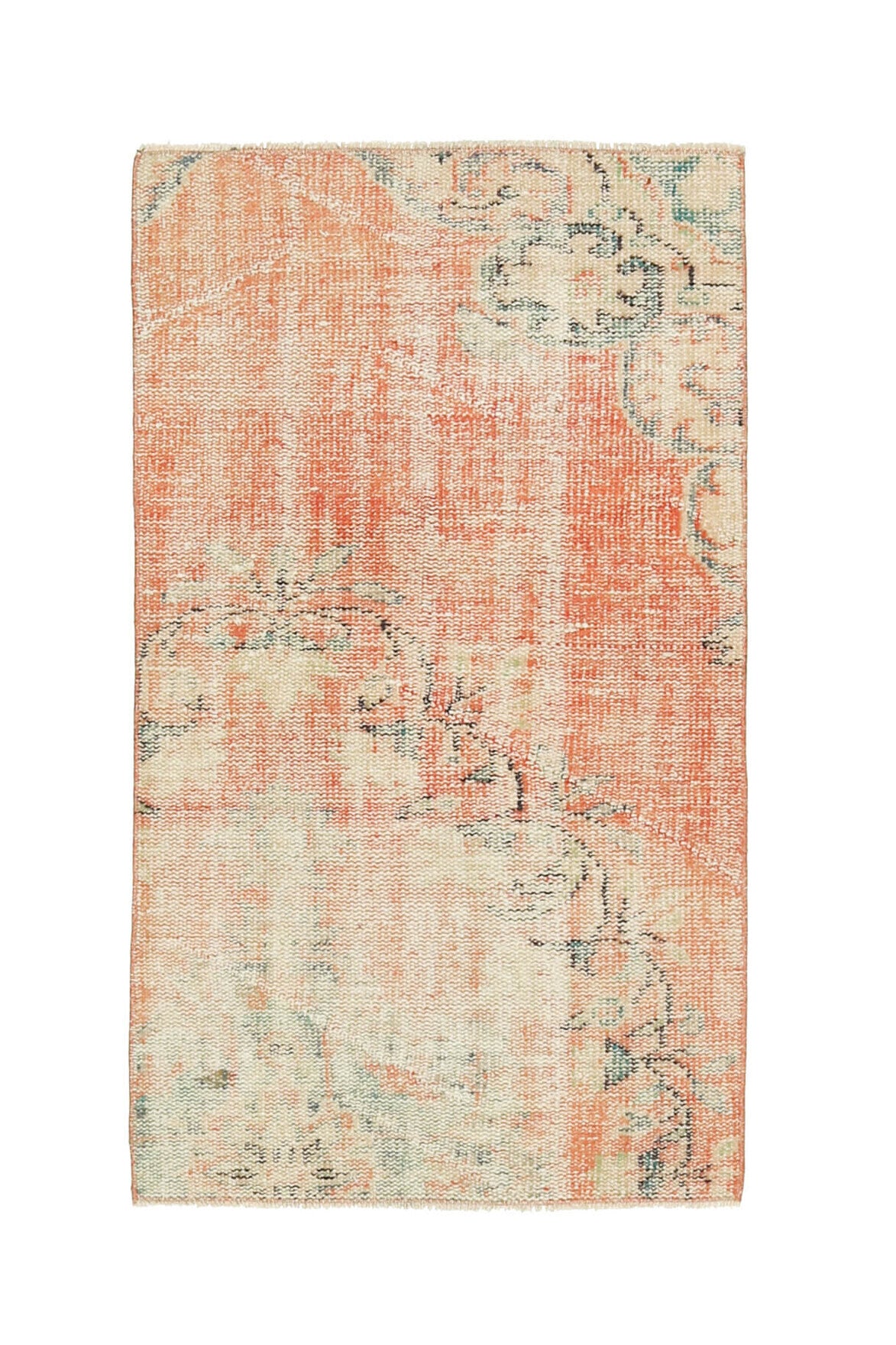 75x130 cm turuncu ve bej oryantal desenli el dokuma vintage halı – üstten tam görünüm
