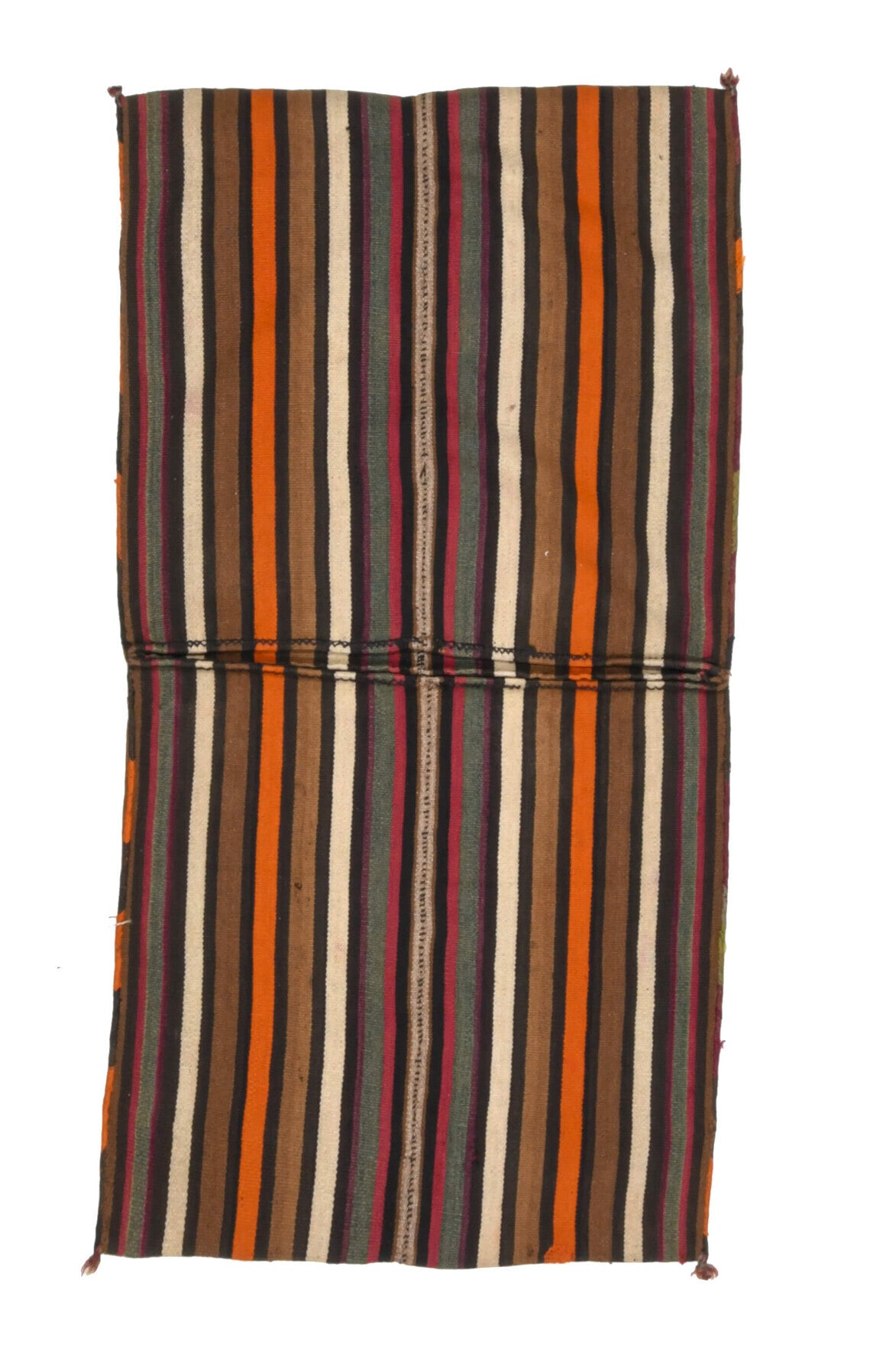 69x127 cm kahverengi, turuncu ve kırmızı oryantal desenli el dokuma vintage kilim – üstten tam görünüm