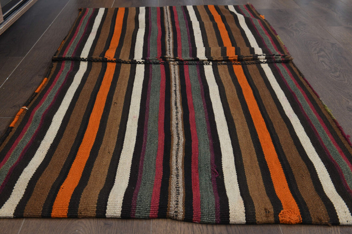 Oryantal desenli el dokuma vintage kilim – kahverengi, turuncu ve kırmızı tonlarda yün dokuma