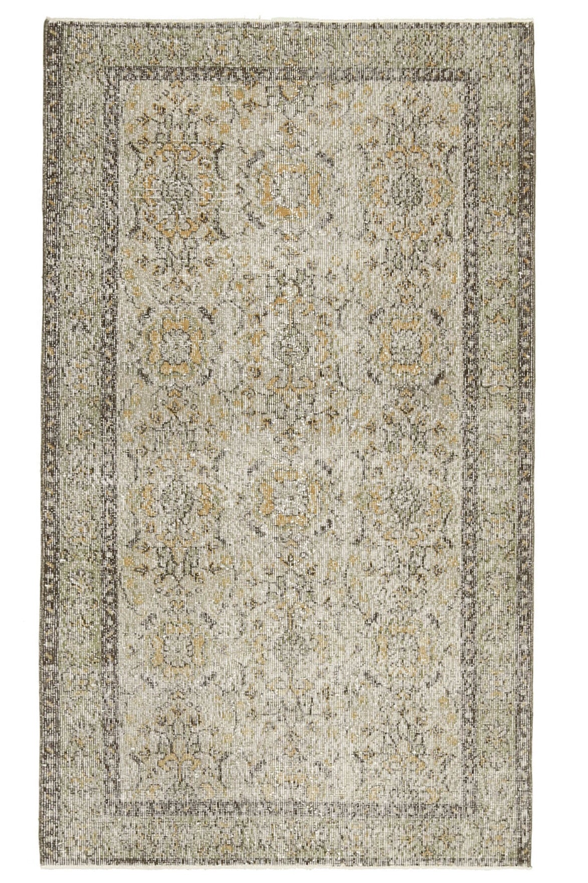 116x206 cm bej ve turuncu oryantal desenli el dokuma vintage halı – üstten tam görünüm