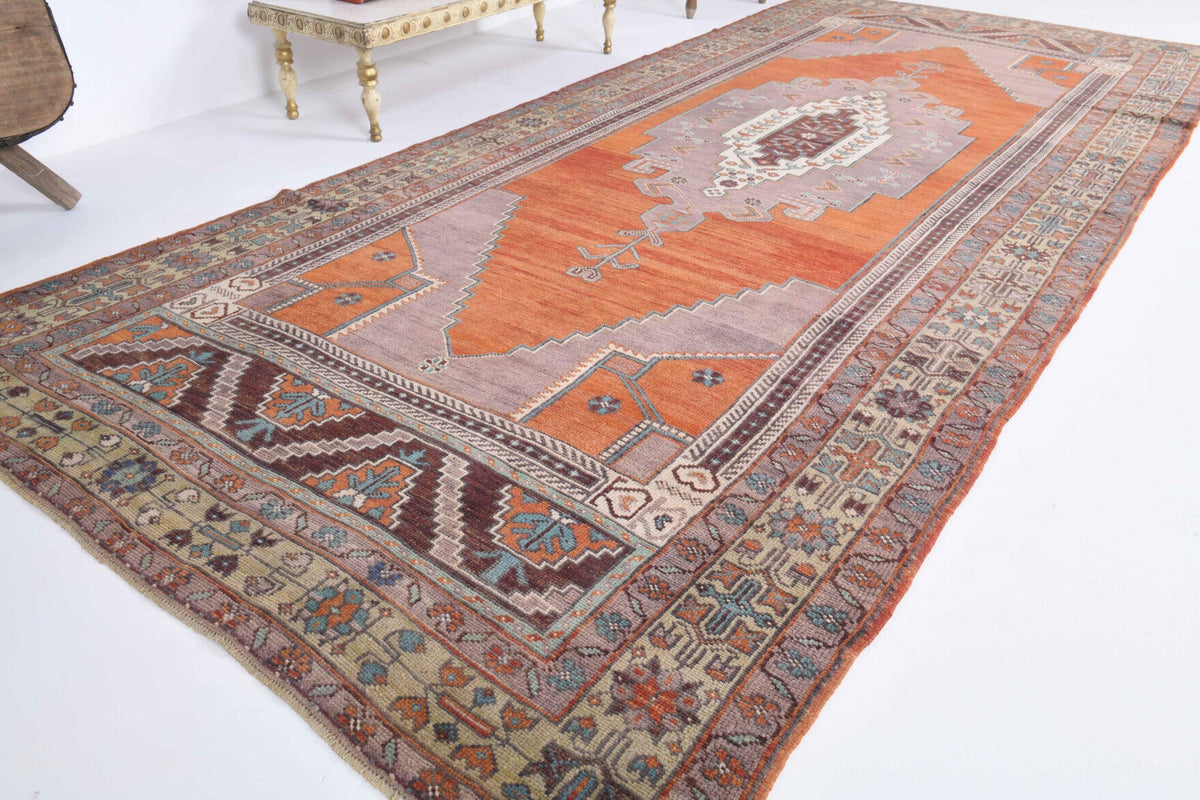 El yapımı vintage yolluk 122x335 cm oryantal desenli yün - yakın çekim doku detayı